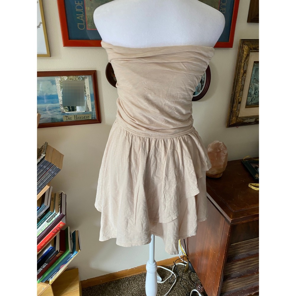 Aerie Strapless Ruffle Asymmetrical Tan Mini Dress Small Fairy Boho Cowgirl Fest - Picture 3 of 6
